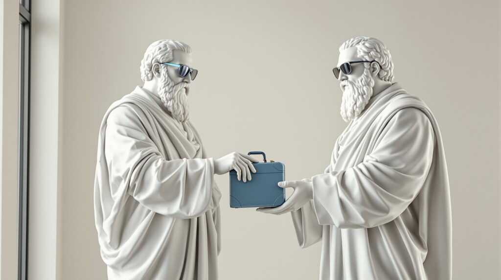Two marble statues in blue sunglasses passing a blue briefcase between them — a sponsor-to-sponsor handover.