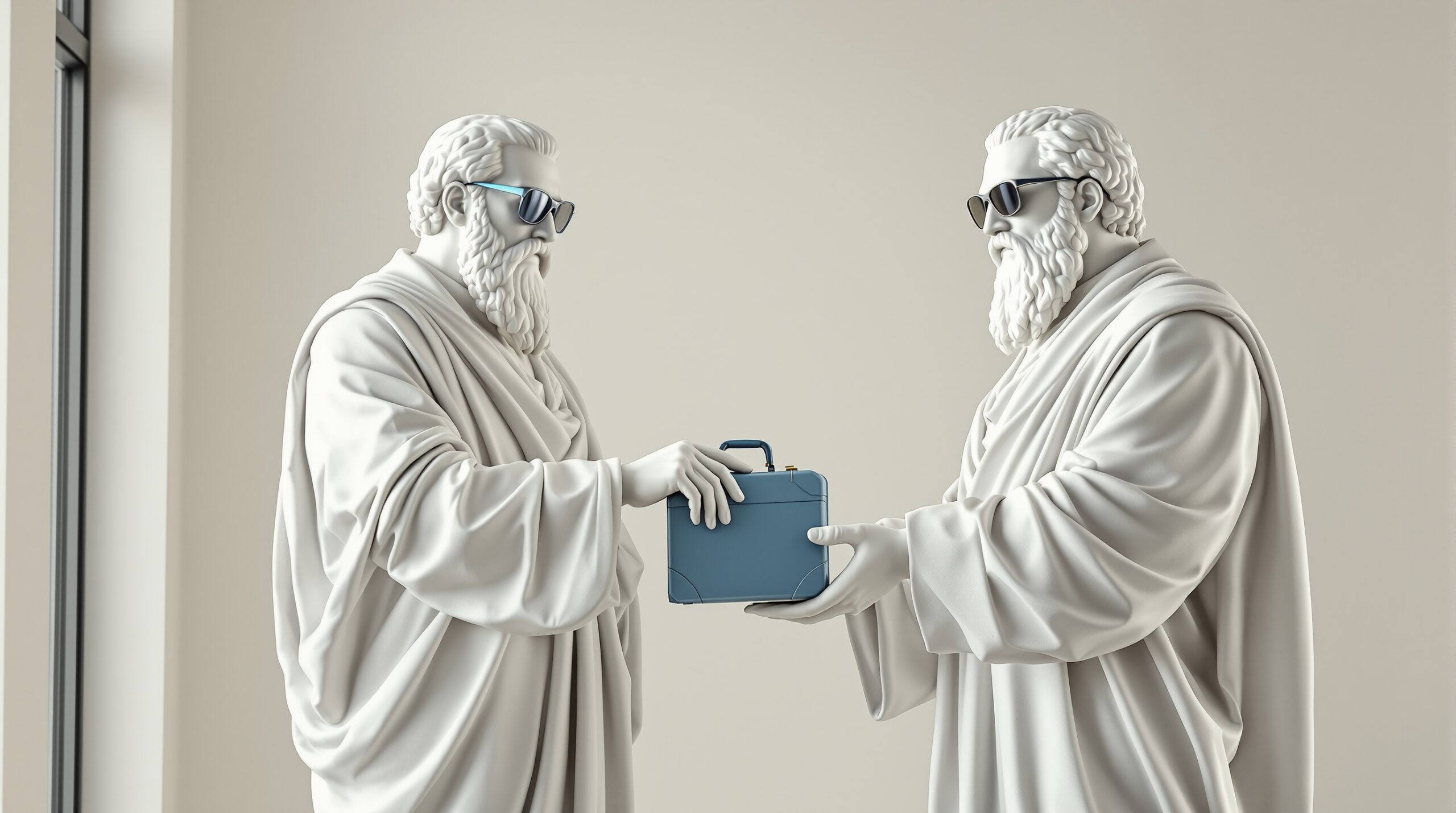 Two marble statues in blue sunglasses passing a blue briefcase between them — a sponsor-to-sponsor handover.