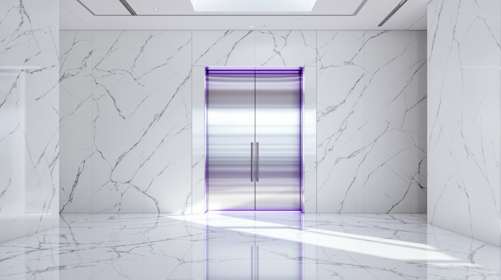 A sleek brushed-steel door almost fully closed, cool light spilling through the narrow gap, in a bright marble hall.