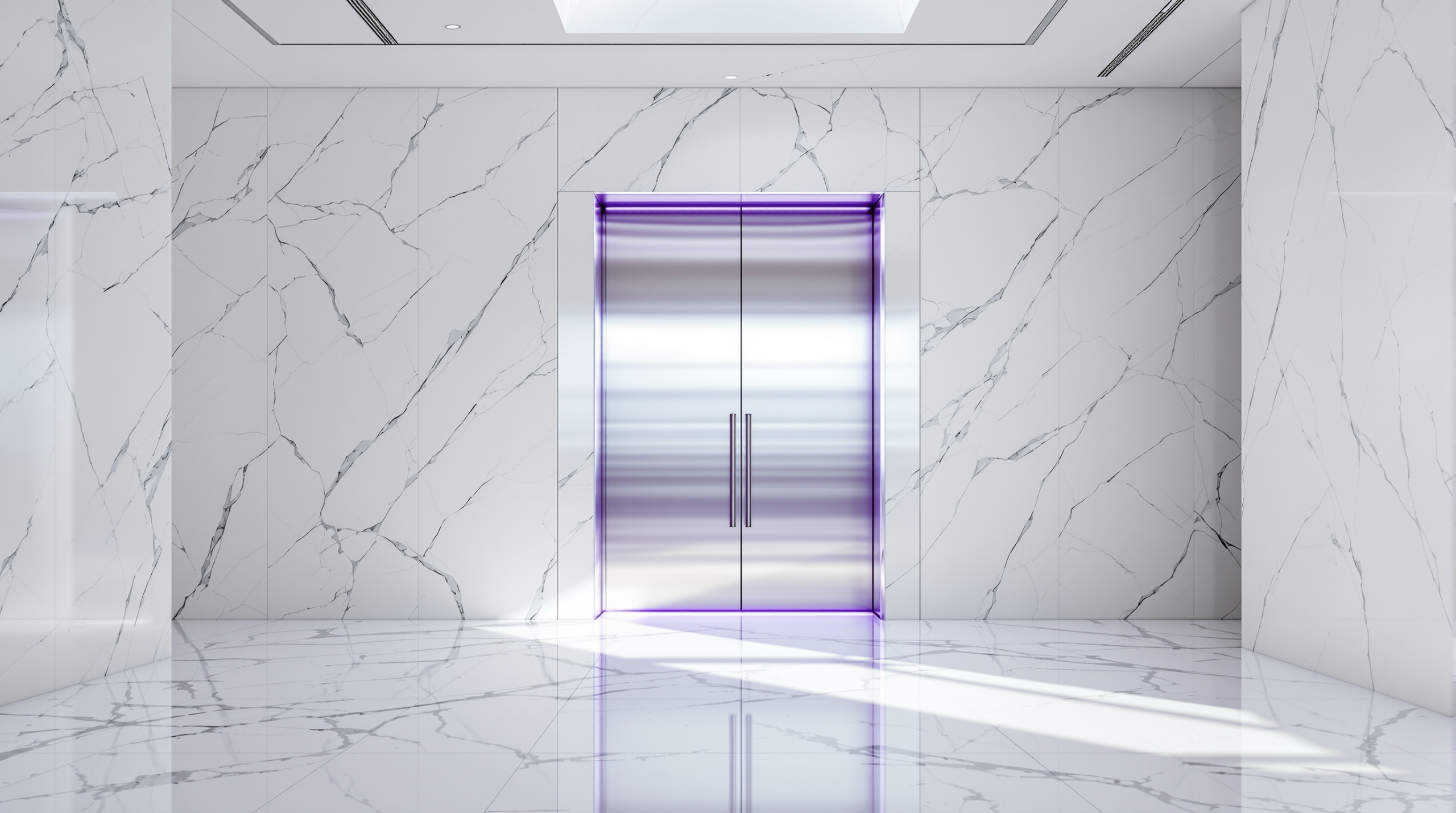 A sleek brushed-steel door almost fully closed, cool light spilling through the narrow gap, in a bright marble hall.