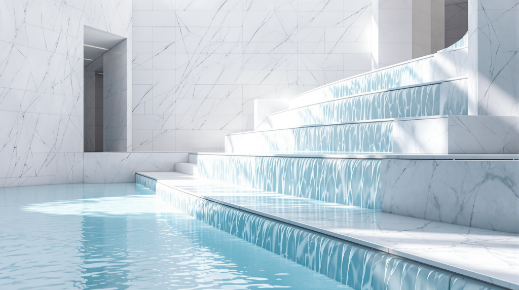 Cool blue water cascading down wide stepped tiers of pale marble in a bright, airy atrium.