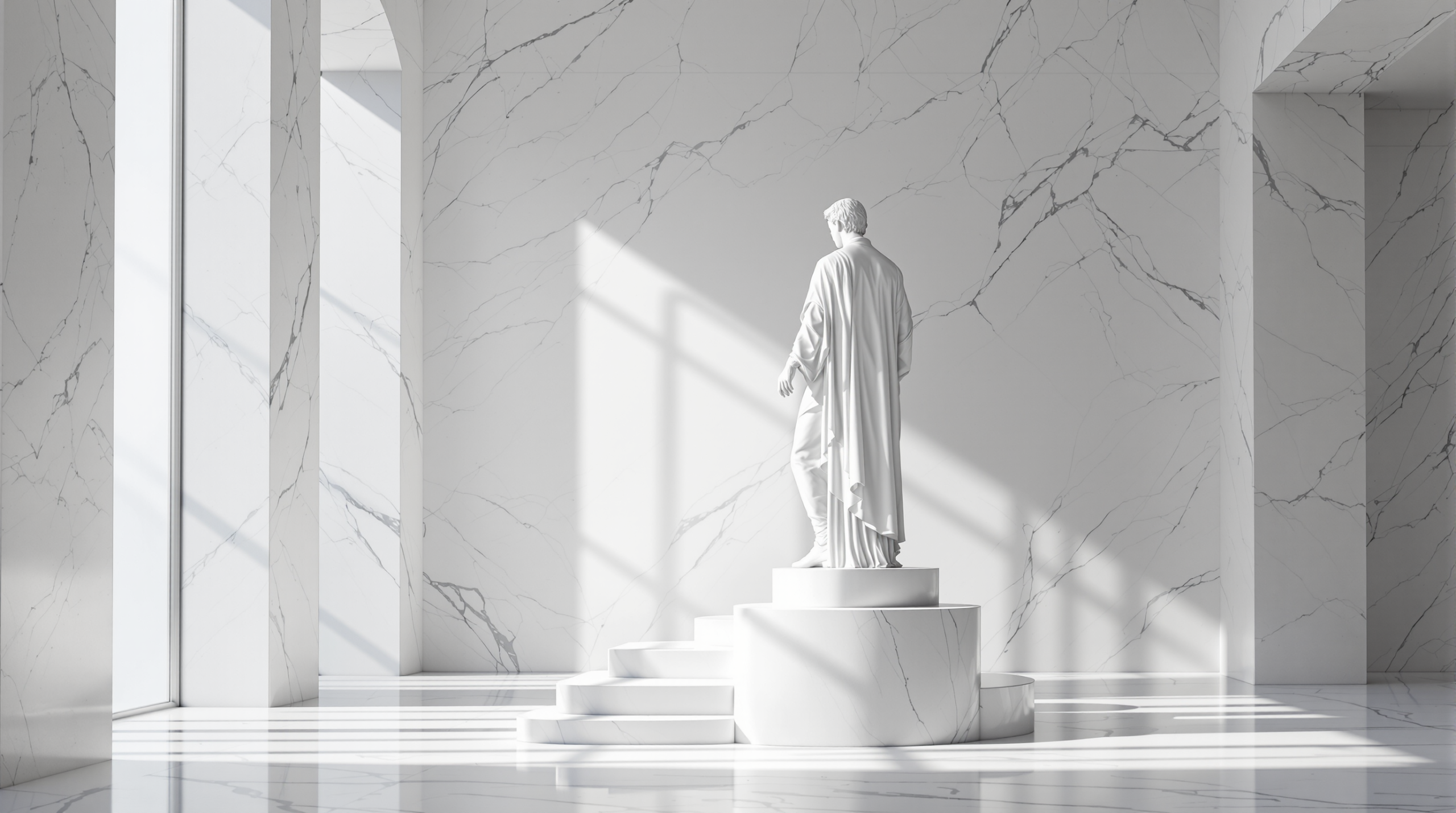 A white marble classical statue stepping up onto a raised marble podium in a bright, sunlit marble gallery.