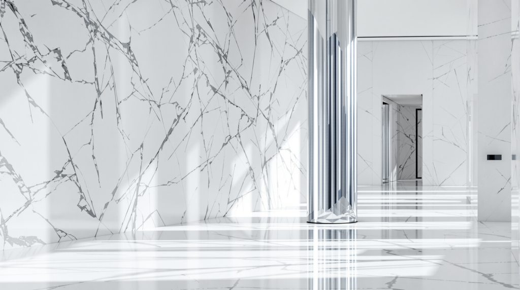 A tall polished steel-and-glass column rises above a shorter classical marble column in a bright, sunlit white marble hall.