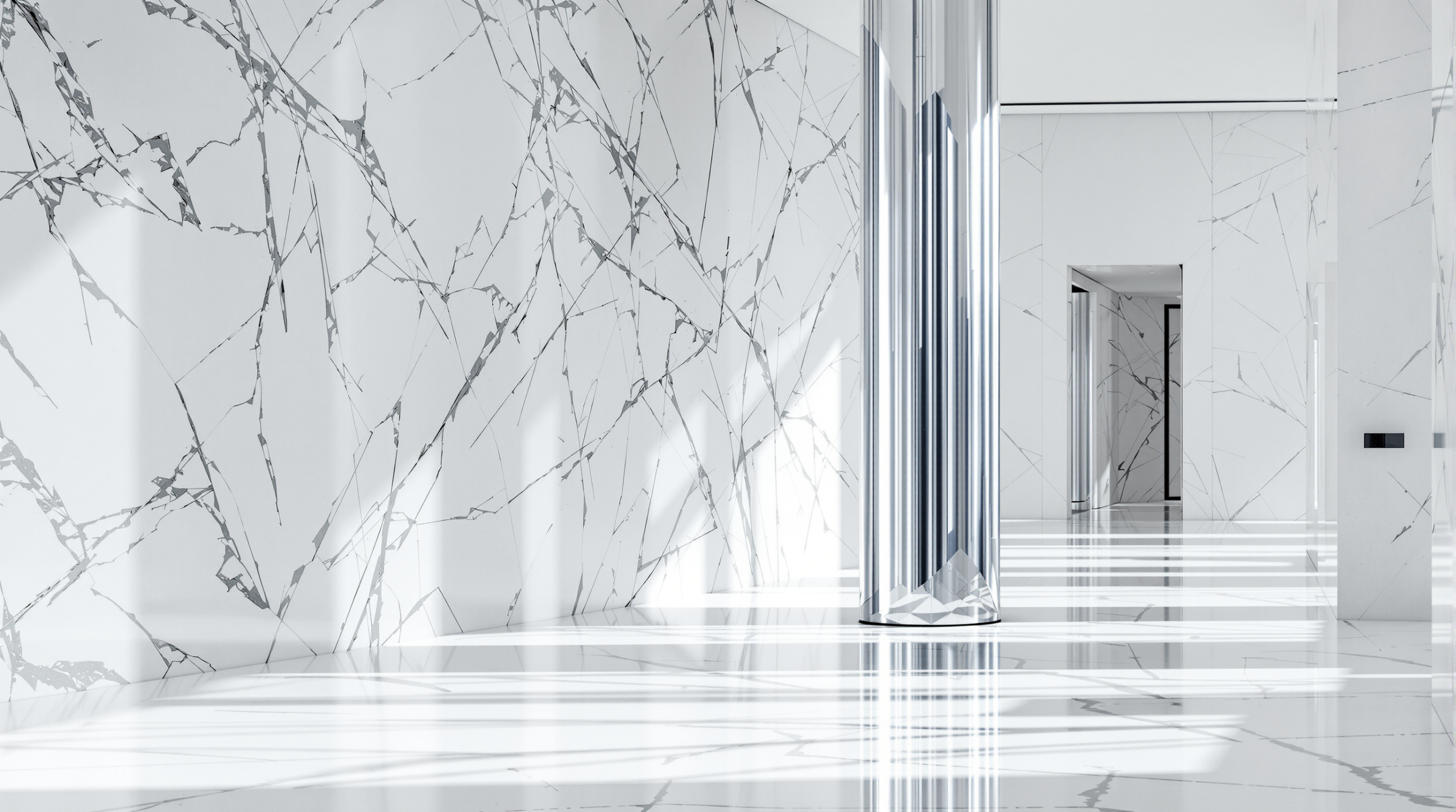 A tall polished steel-and-glass column rises above a shorter classical marble column in a bright, sunlit white marble hall.