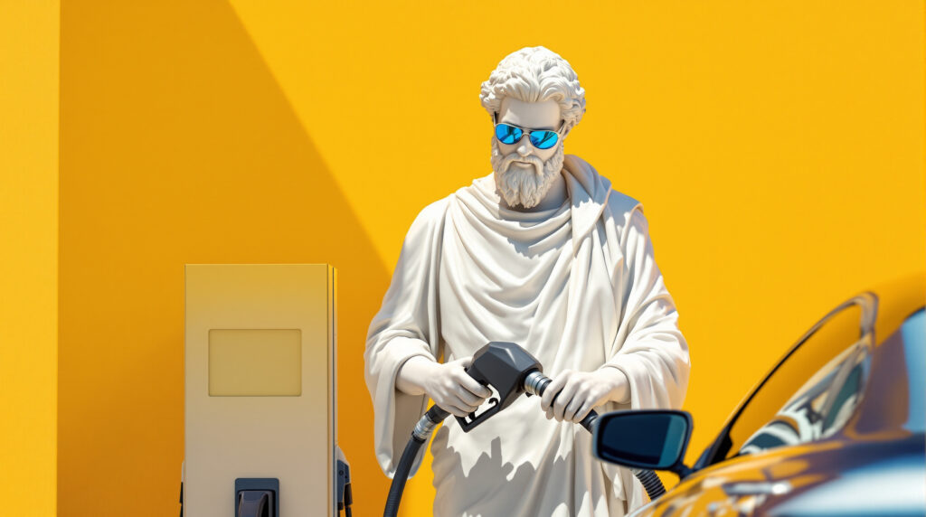 A marble statue in blue sunglasses refuelling a car at a petrol pump — paying for AI by the unit as it flows.