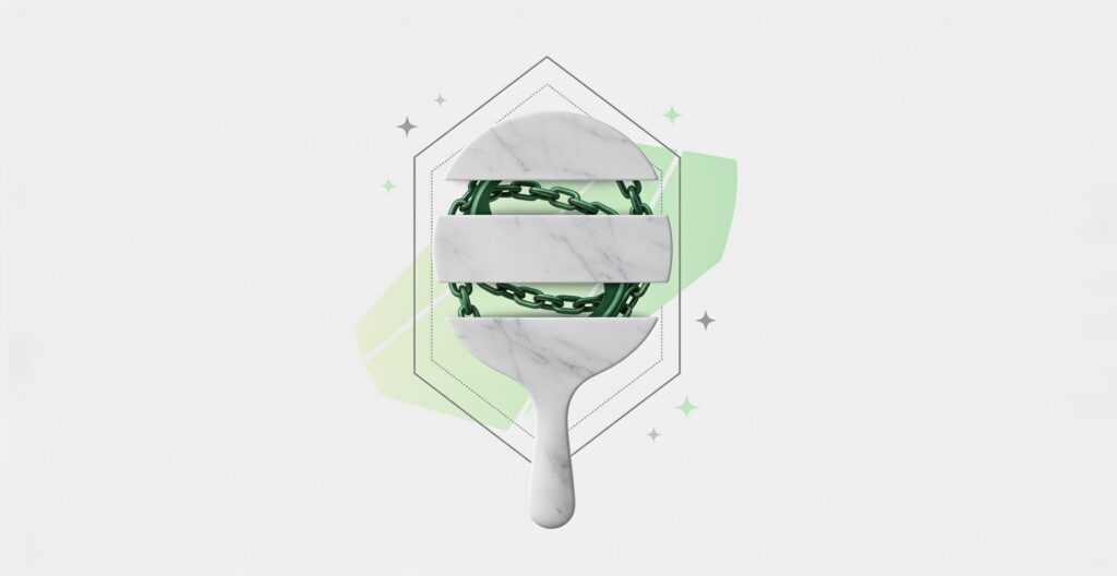 Marble auction paddle sliced into bands, revealing a green chain inside: the highest bid held together by debt