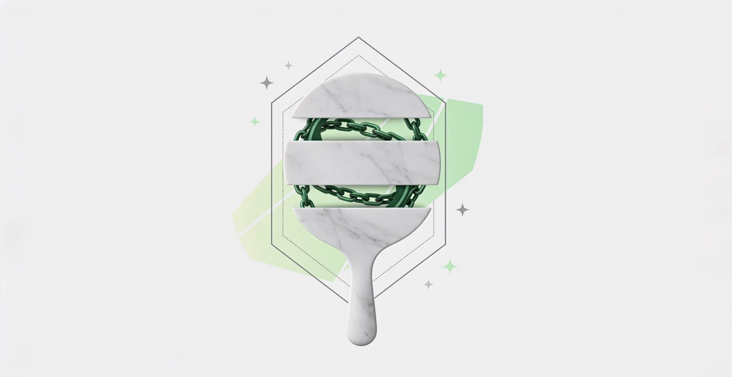 Marble auction paddle sliced into bands, revealing a green chain inside: the highest bid held together by debt