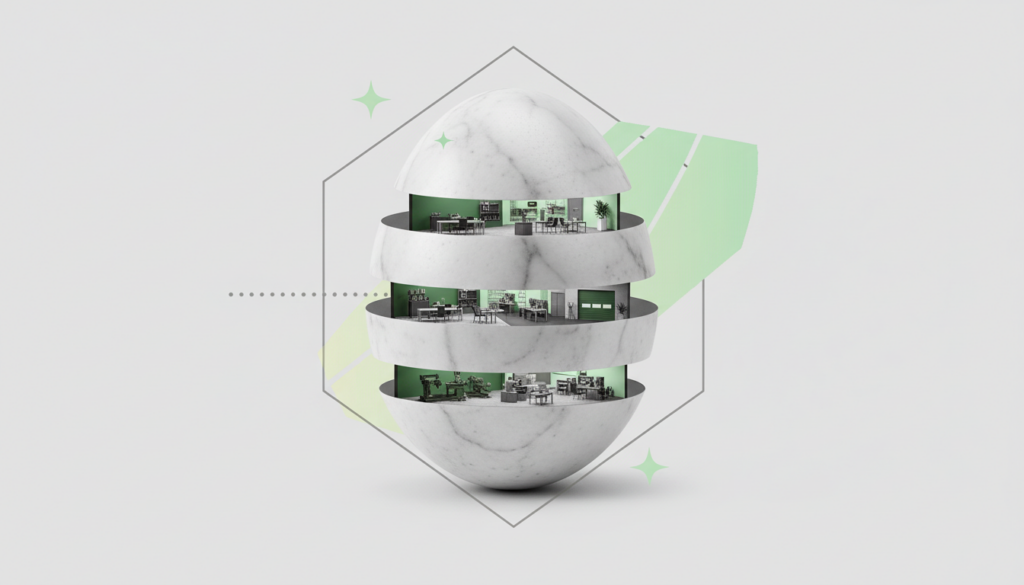 Marble nest egg sliced into bands, revealing offices and a workshop inside each cut