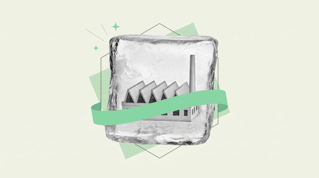 Black-and-white ice block with a small factory frozen inside, wrapped by a mint ribbon on a pale cream ground