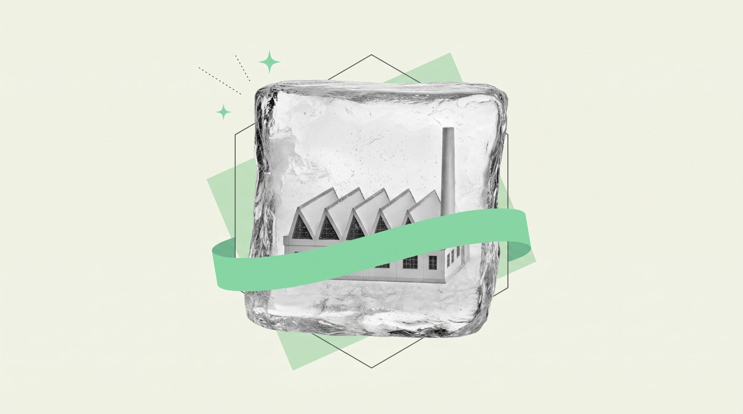 Black-and-white ice block with a small factory frozen inside, wrapped by a mint ribbon on a pale cream ground