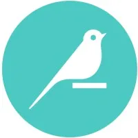 White bird silhouette on teal circle background.