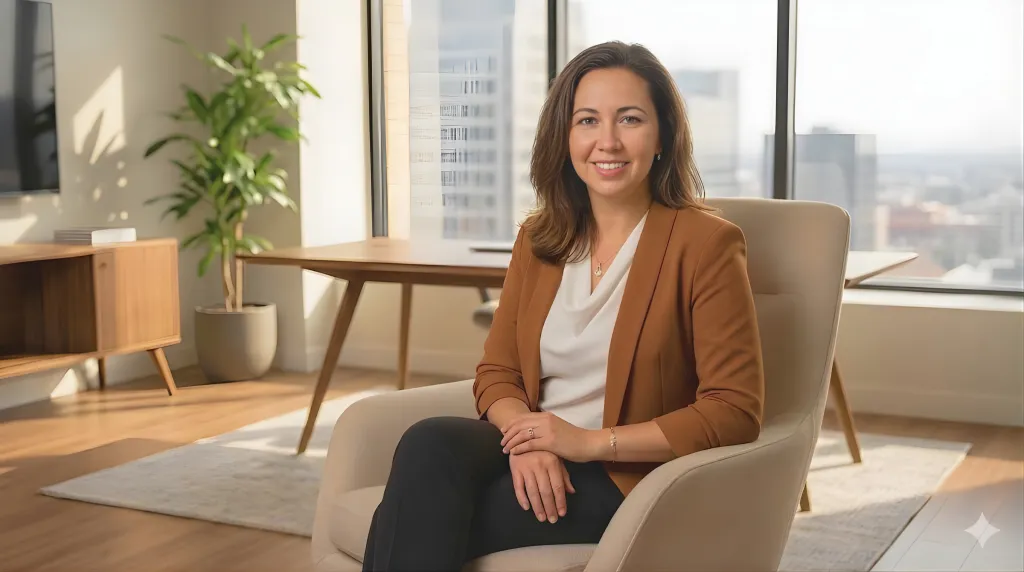 Woman in office chair, city view behind her.