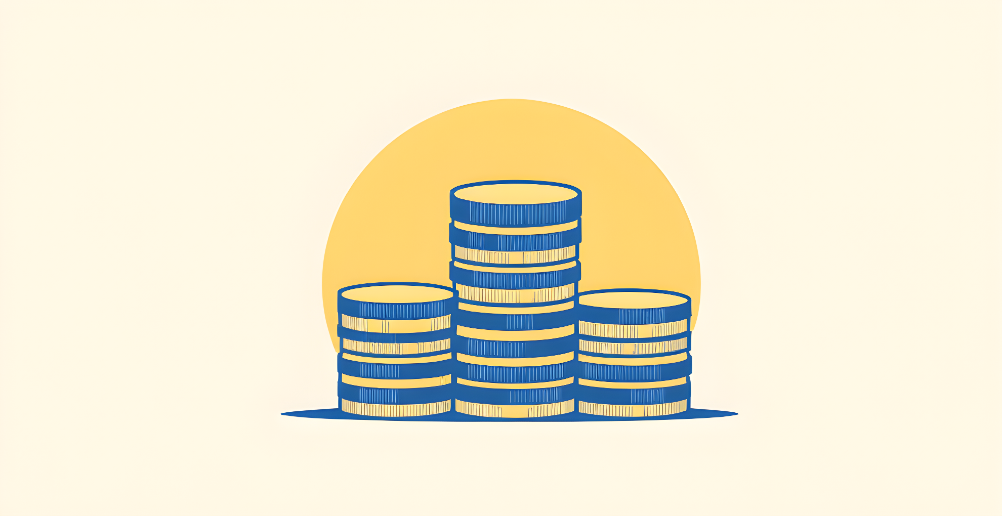 Flat illustration of three stacks of plain golden-yellow and cobalt-blue coins of ascending height on a cream background, representing rising salary levels in Swiss life sciences