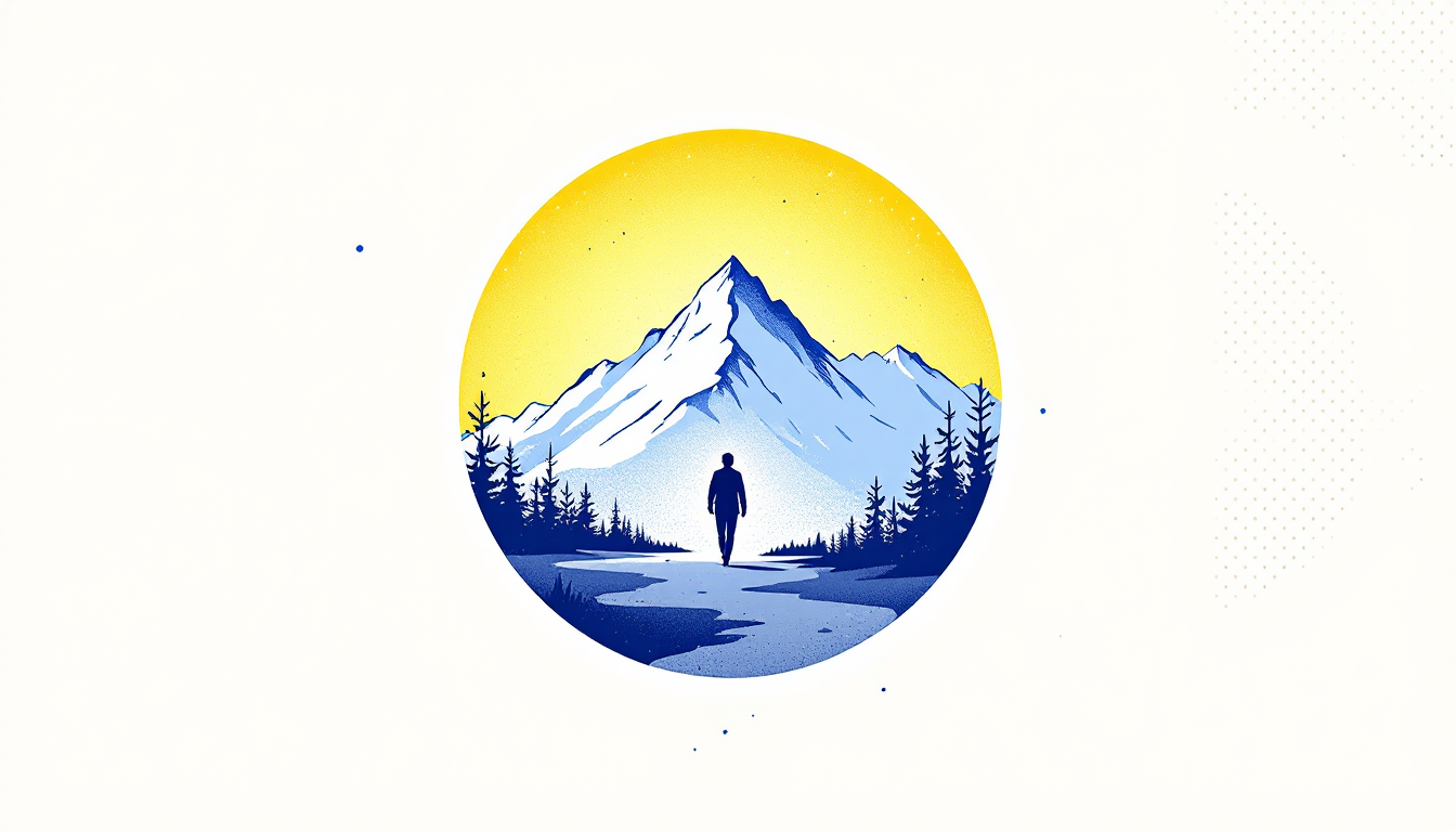 Edward Galle illustration, yellow and blue: centered circle with a figure and alpine peaks, for finding a job in Switzerland.