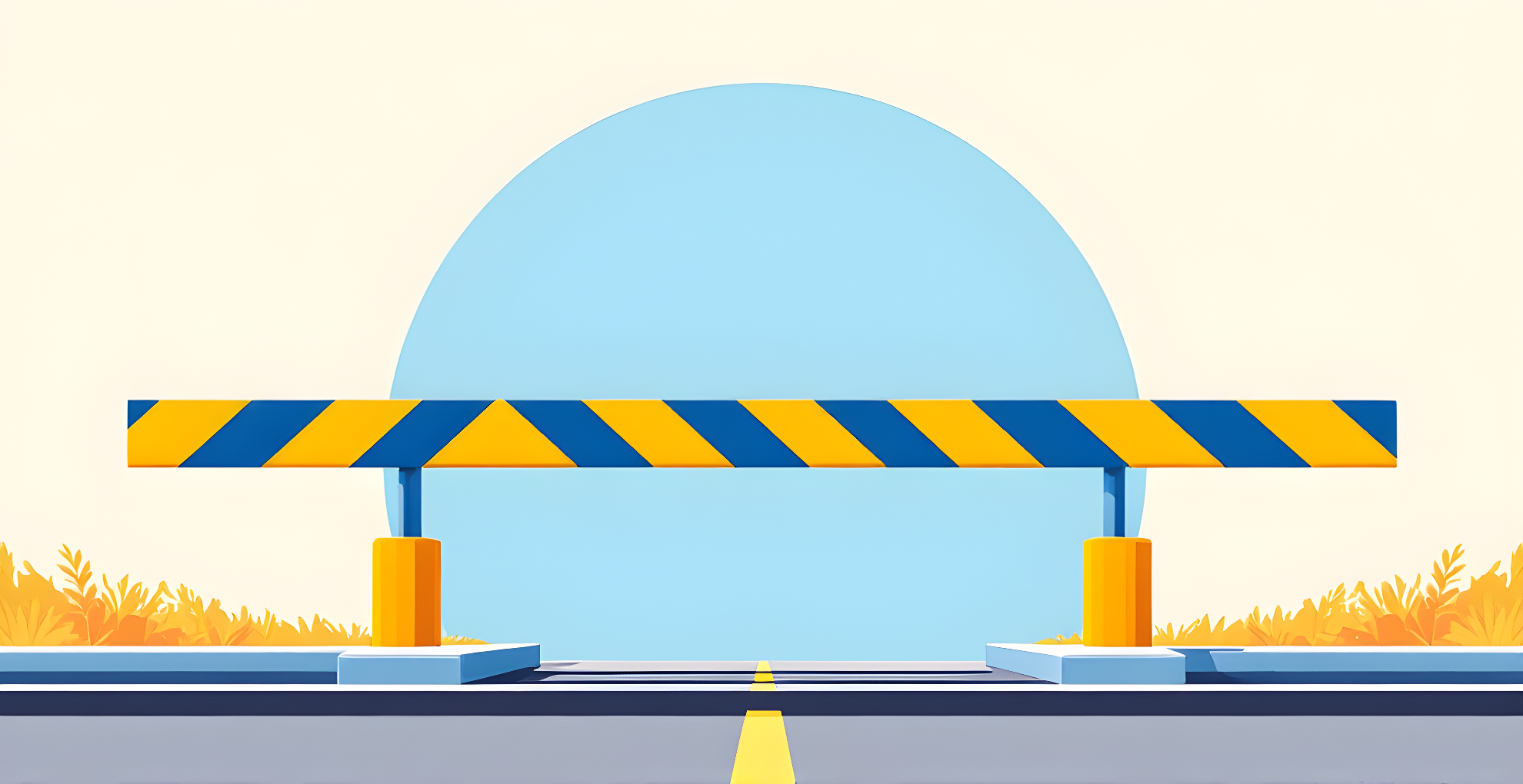 Flat illustration of a striped border checkpoint barrier gate in yellow and blue on a cream background