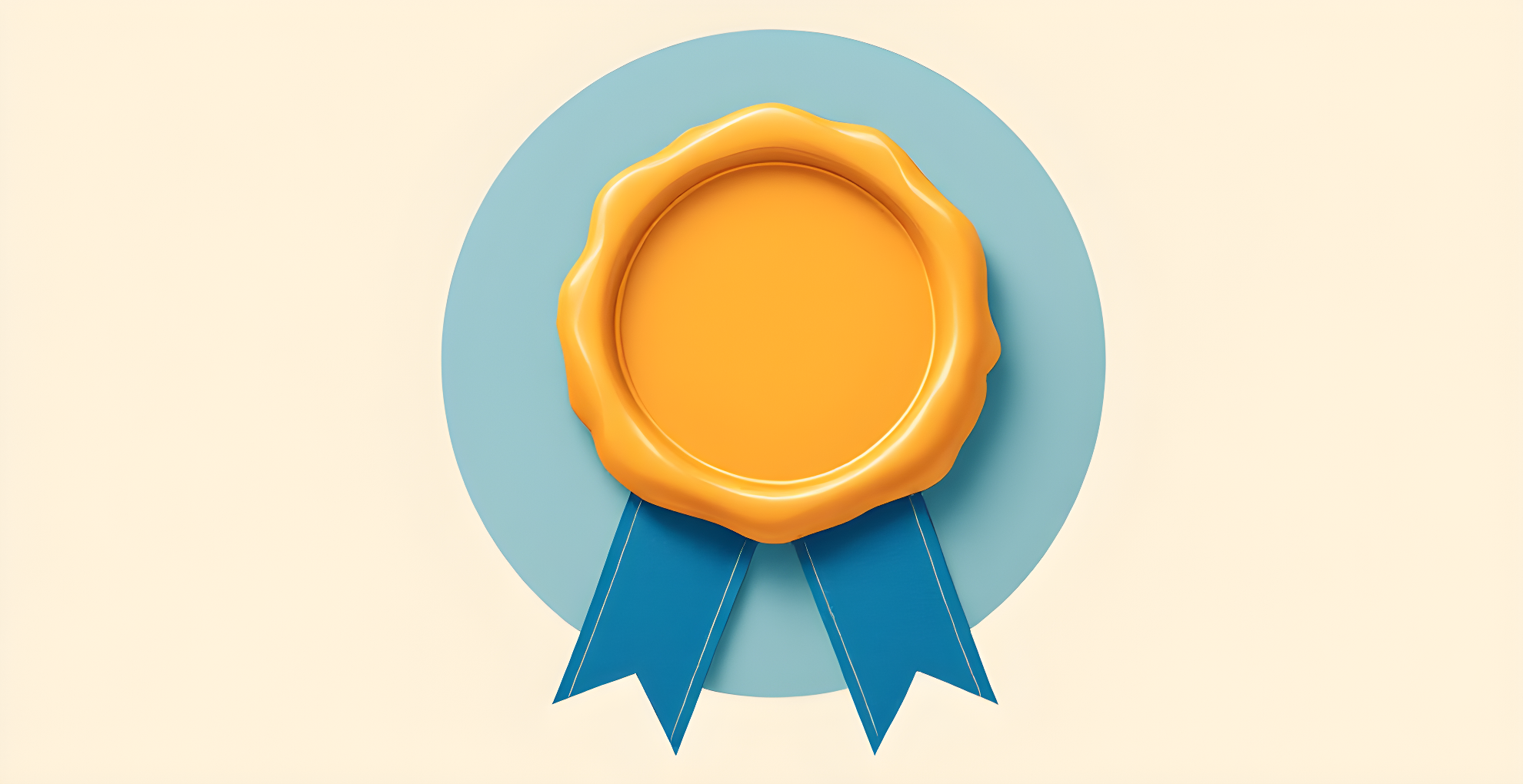 Flat illustration of a golden embossed certification seal with blue ribbon tails on a cream background