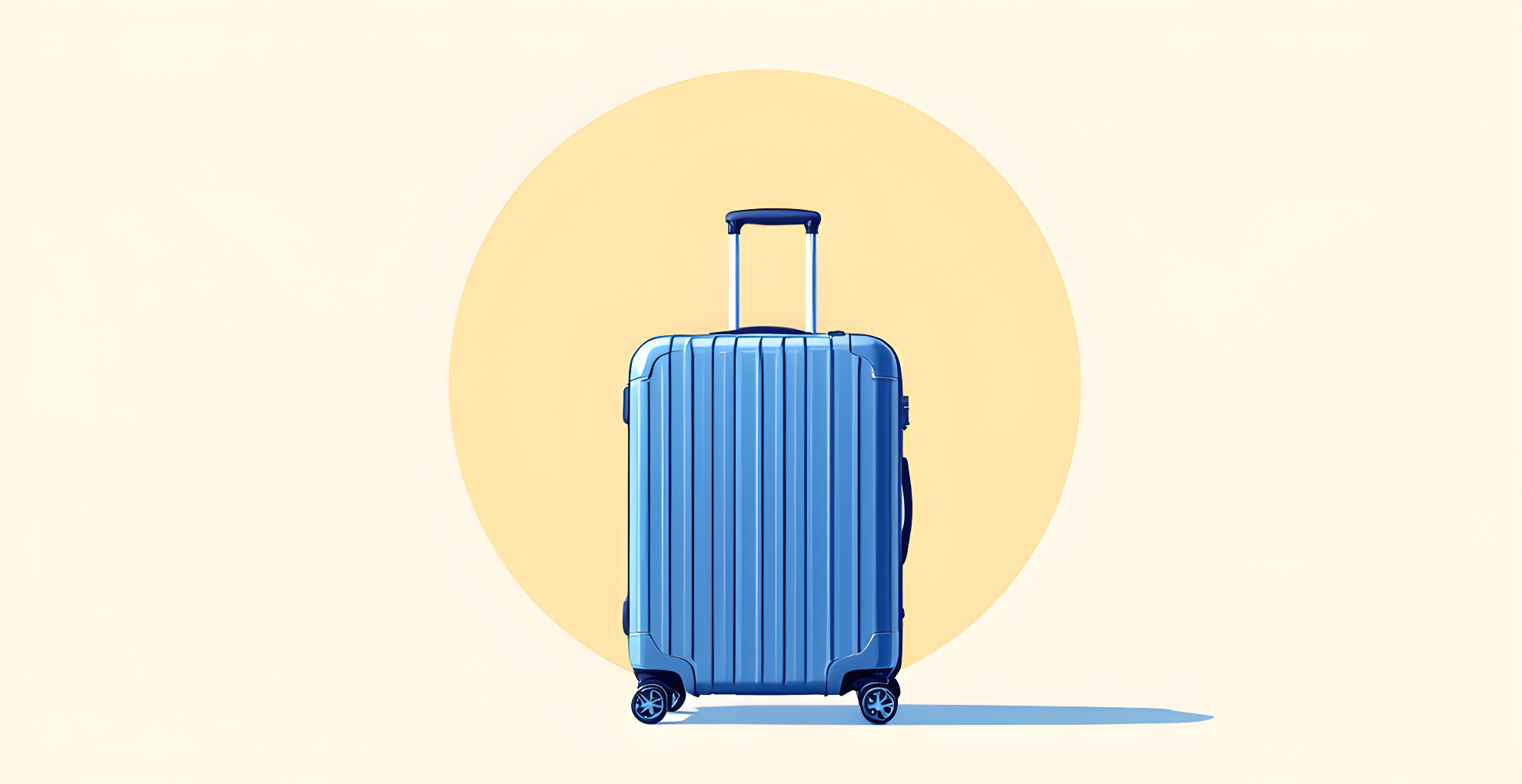 Flat vector illustration of an upright hard-shell travel suitcase with handle and wheels, centred on a cream background in golden yellow and cobalt blue