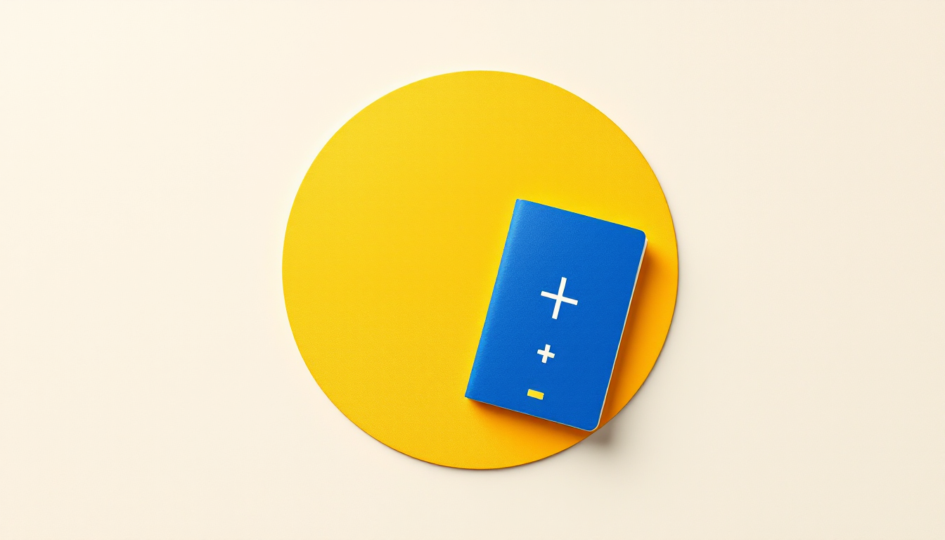 Edward Galle illustration, yellow and blue: centered yellow circle with a blue passport, for Swiss work permits.