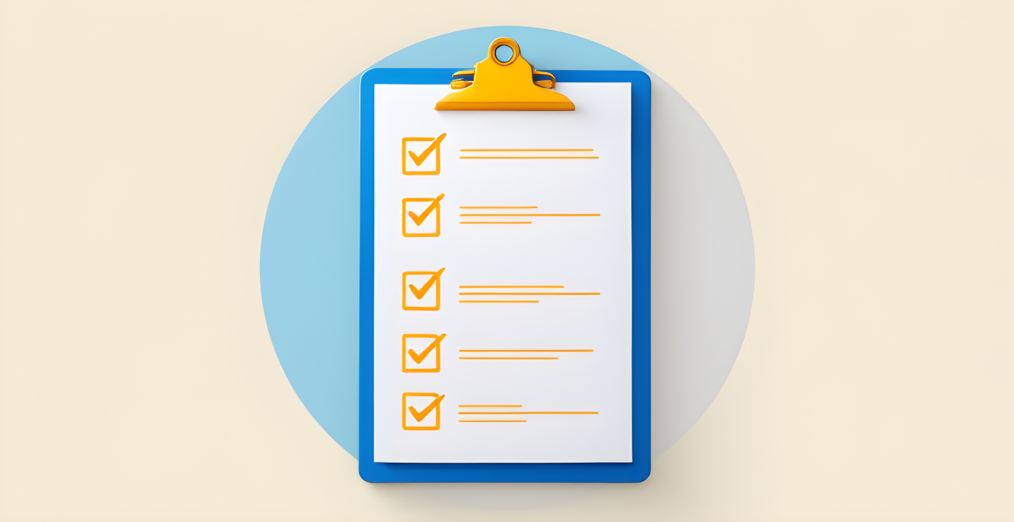 Flat illustration of a blue clipboard with a checklist of yellow tick marks on a cream background