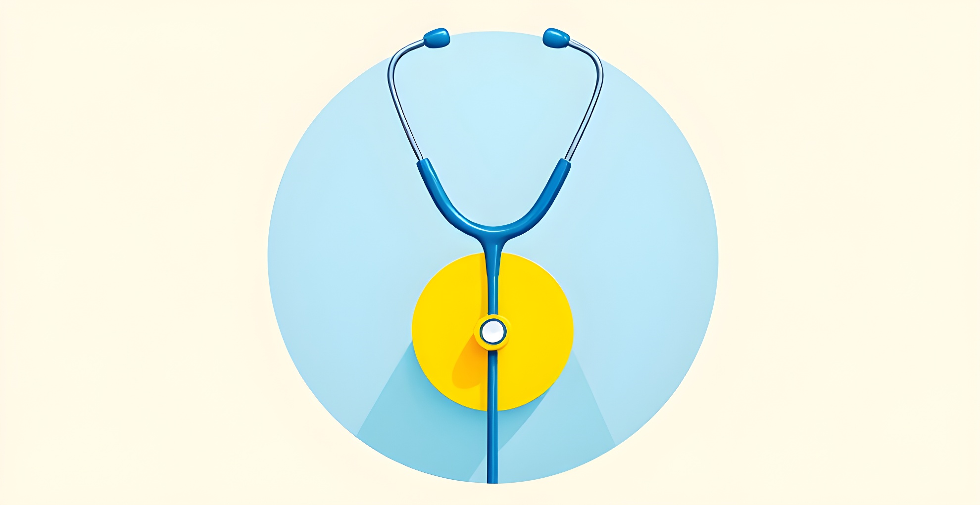 Flat illustration of a blue stethoscope with a golden round chestpiece on a cream background