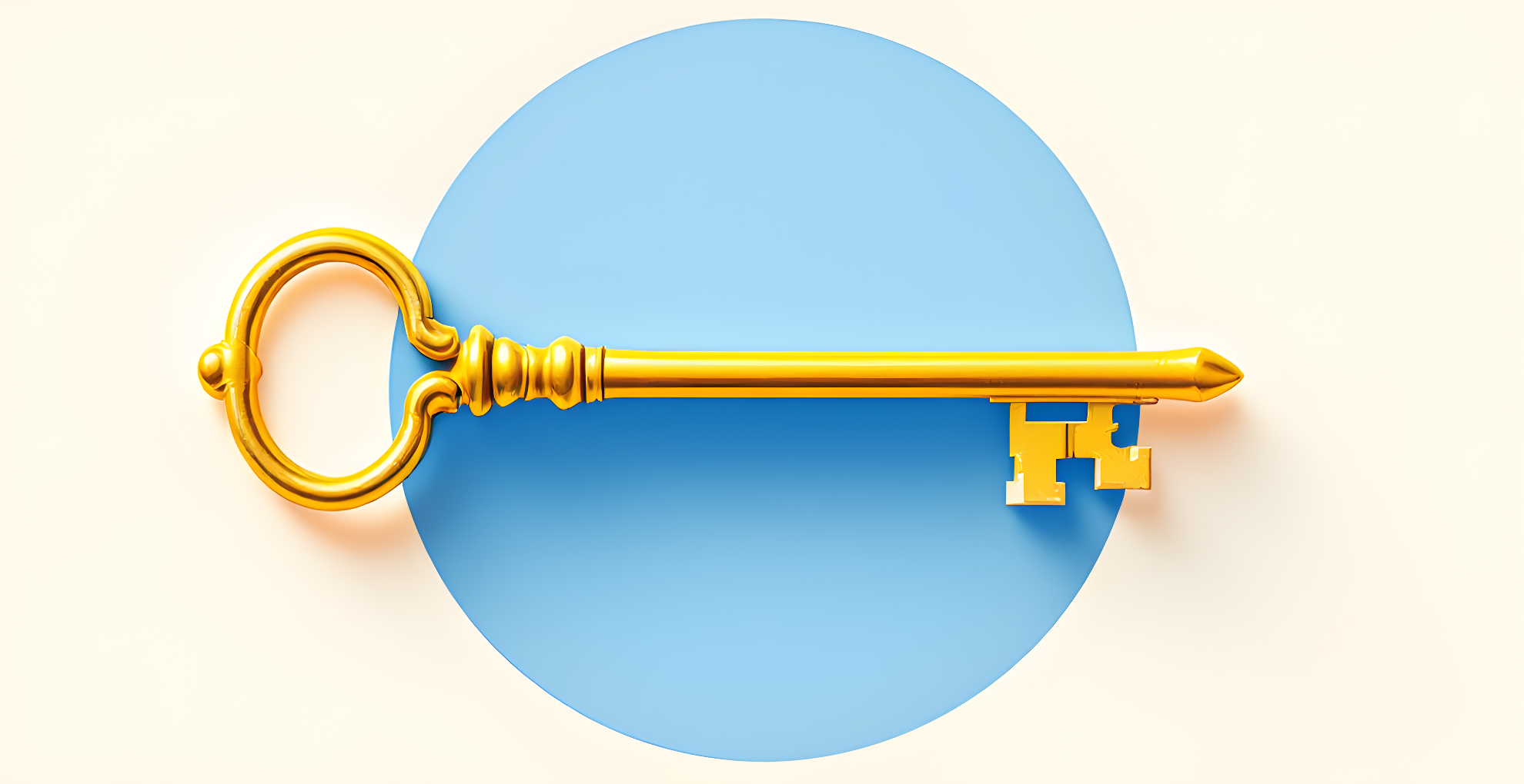 Flat illustration of a golden key pointing into a blue keyhole on a cream background