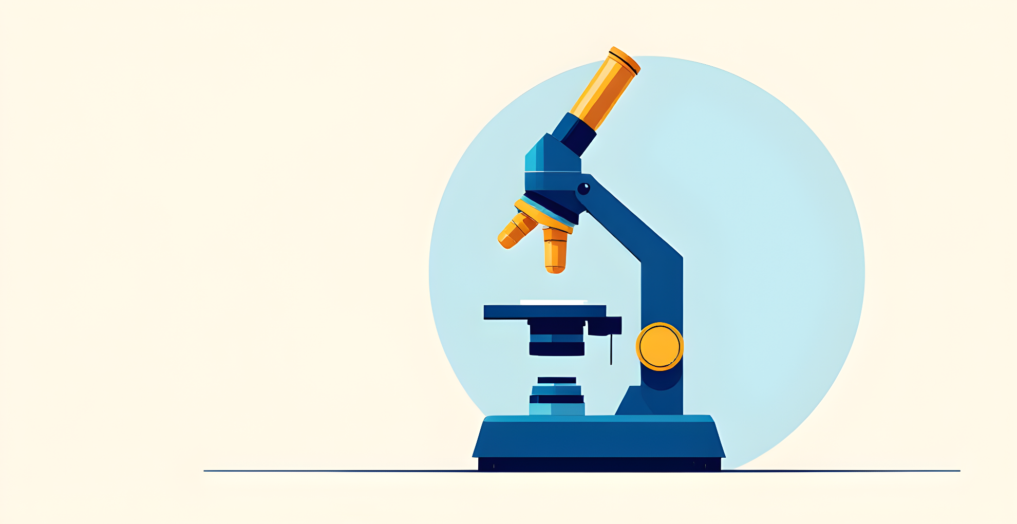 Flat illustration of a blue and gold laboratory microscope on a cream background