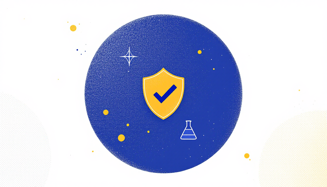 Edward Galle illustration, yellow and blue: centered blue circle with a shield, checkmark and flask, for regulatory affairs careers.