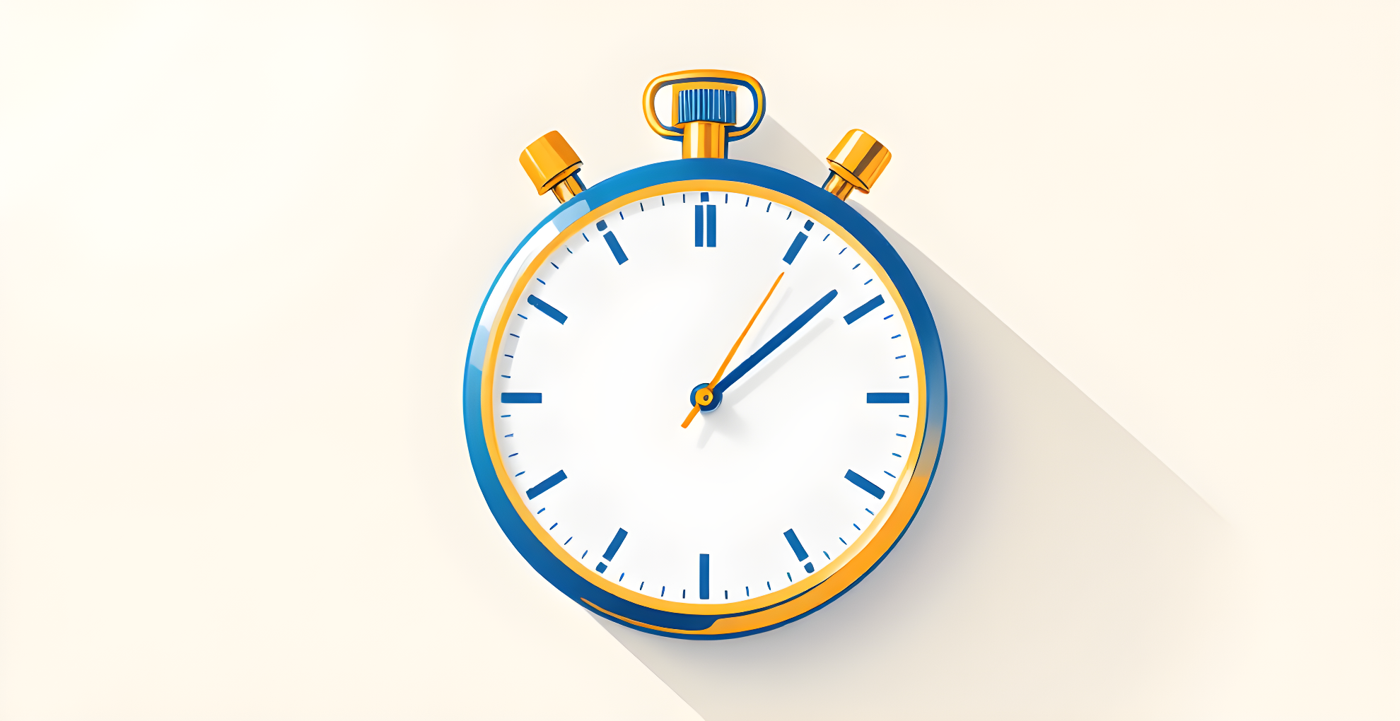 Flat vector illustration of a blue and gold stopwatch with tick marks and running hands on a cream background