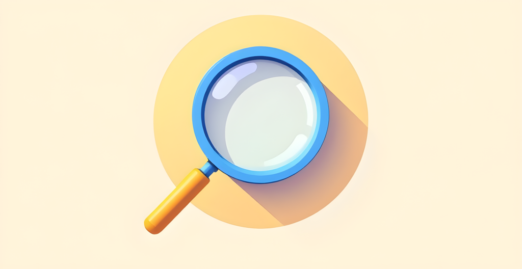 Flat vector illustration of a magnifying glass with a blue rim and gold handle on a cream background