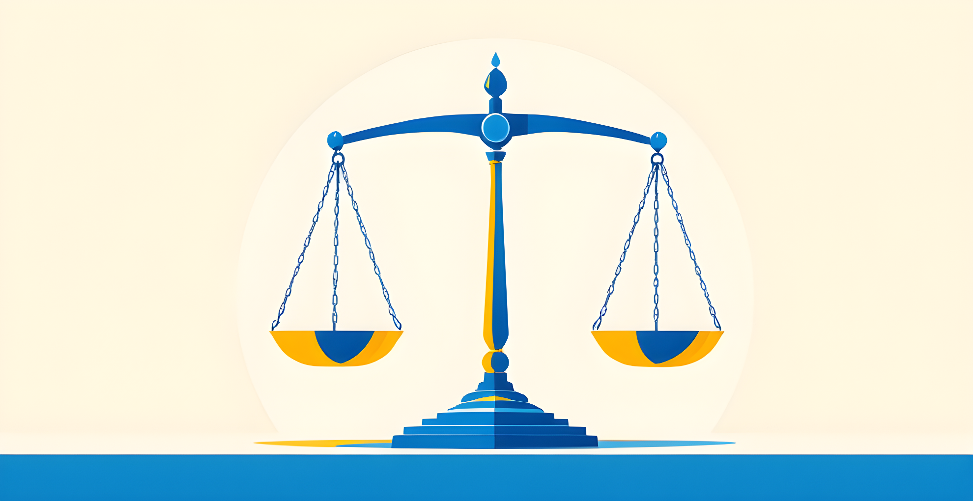 Flat vector illustration of a two-pan balance scale in blue and gold on a cream background