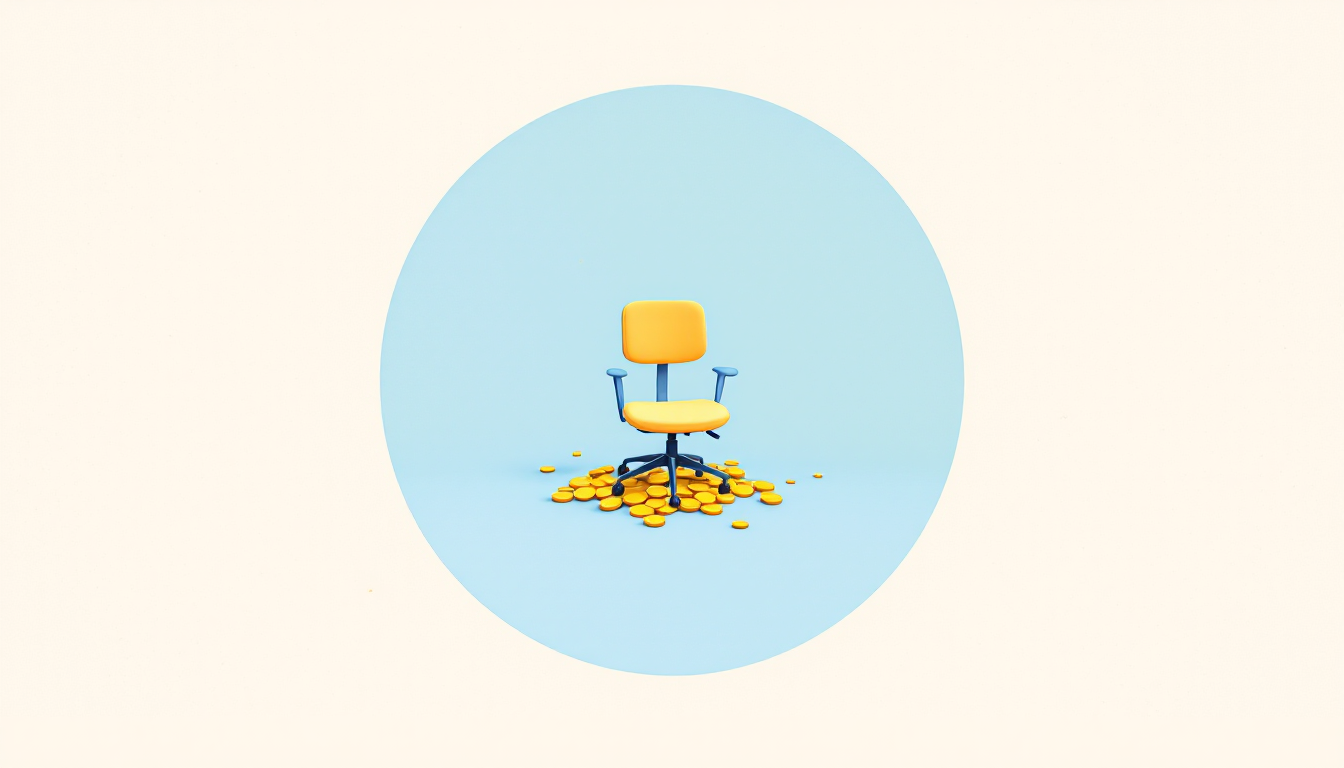 Edward Galle illustration, yellow and blue: centered circle with an empty chair and spilled coins, for the cost of a bad hire.