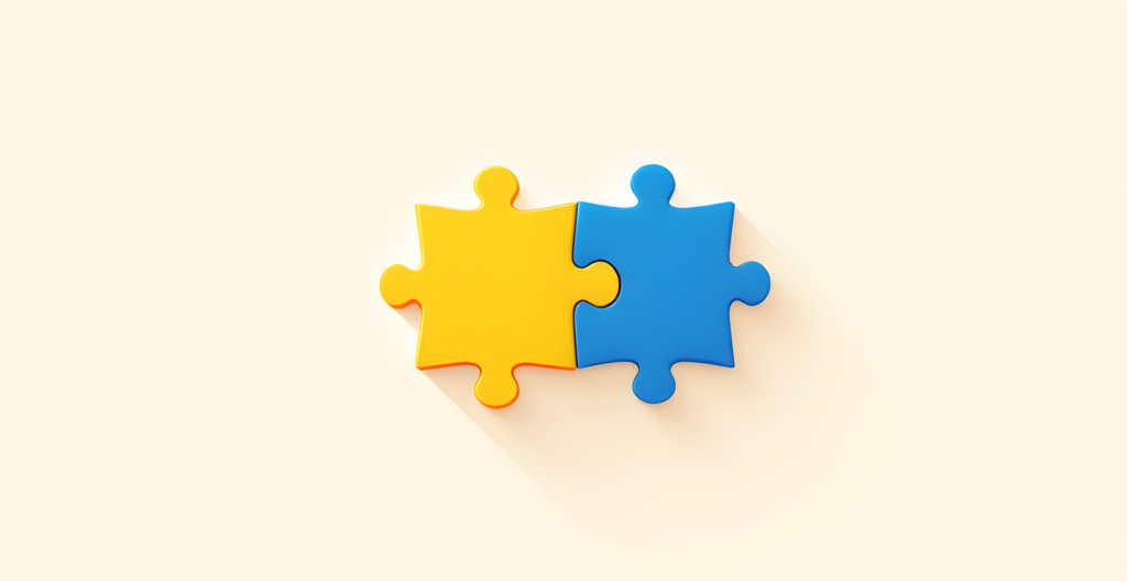 Flat vector illustration of a gold and a blue jigsaw puzzle piece interlocking on a cream background