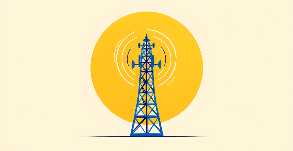 Flat editorial illustration of a cobalt blue broadcast signal tower radiating concentric arcs against a golden yellow circle on a cream background, representing omnichannel communication in life sciences
