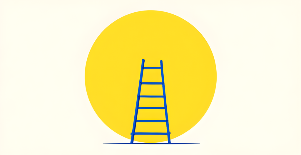 Flat editorial illustration of a cobalt blue step ladder centred against a large golden yellow circle on a cream background, representing a marketer's reskilling roadmap into brand technology
