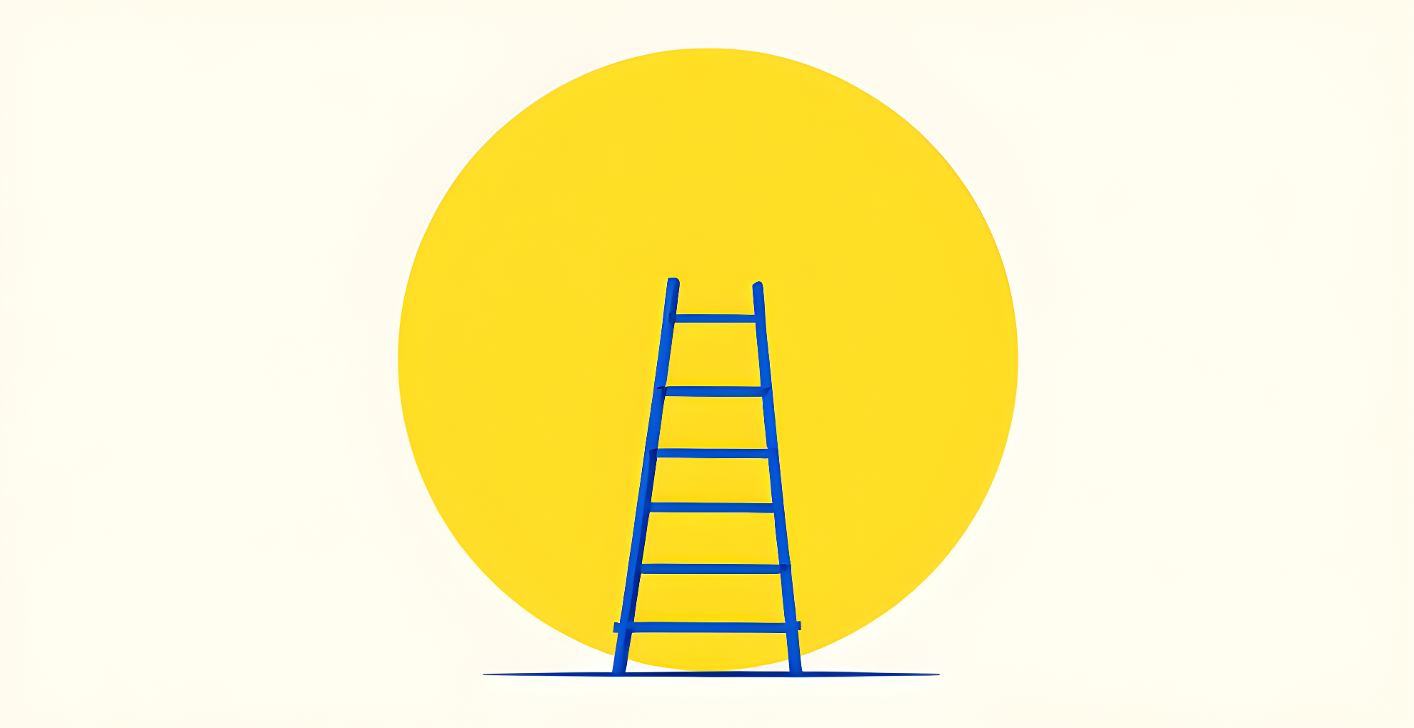 Flat editorial illustration of a cobalt blue step ladder centred against a large golden yellow circle on a cream background, representing a marketer's reskilling roadmap into brand technology