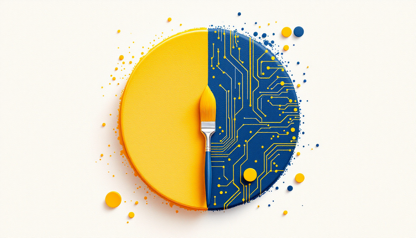 Edward Galle illustration, yellow and blue: centered circle split between a paintbrush and a circuit board, for brand-tech talent.
