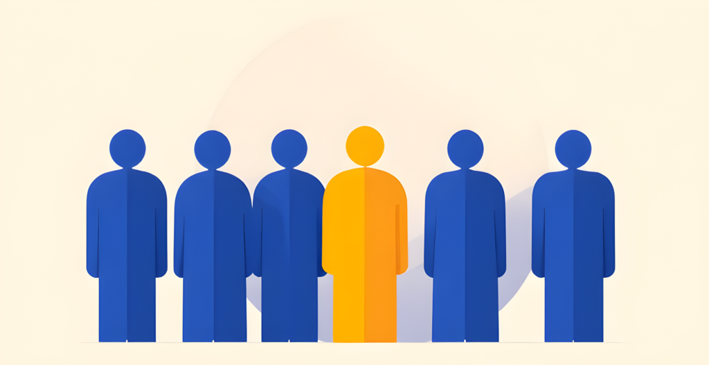 Flat illustration of a row of identical blue standing figures with a single golden yellow figure at the centre, on a cream background