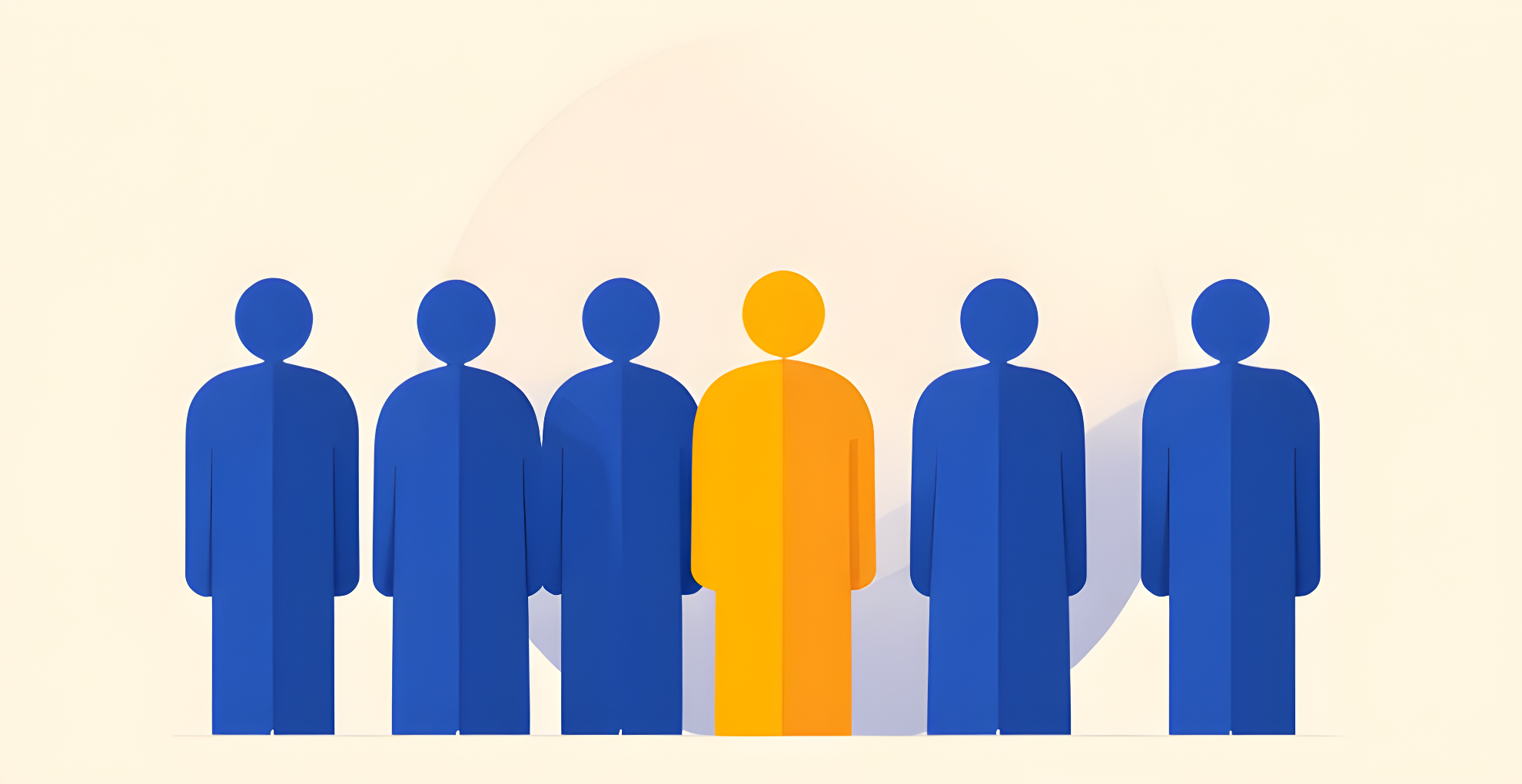 Flat illustration of a row of identical blue standing figures with a single golden yellow figure at the centre, on a cream background
