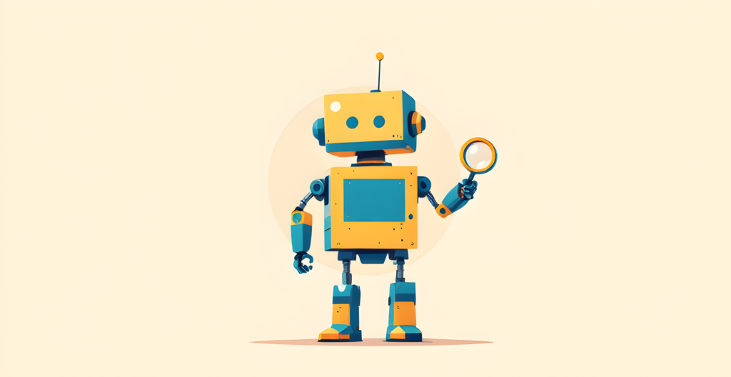 Flat editorial illustration of a boxy robot holding a magnifying glass, in yellow and blue on a cream background