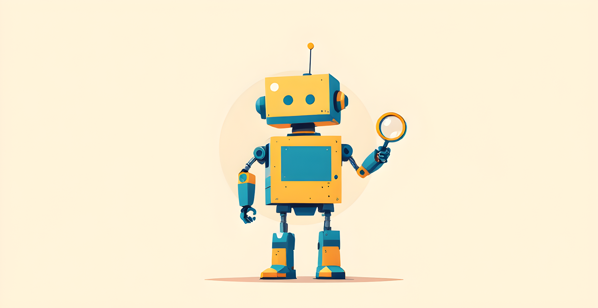 Flat editorial illustration of a boxy robot holding a magnifying glass, in yellow and blue on a cream background