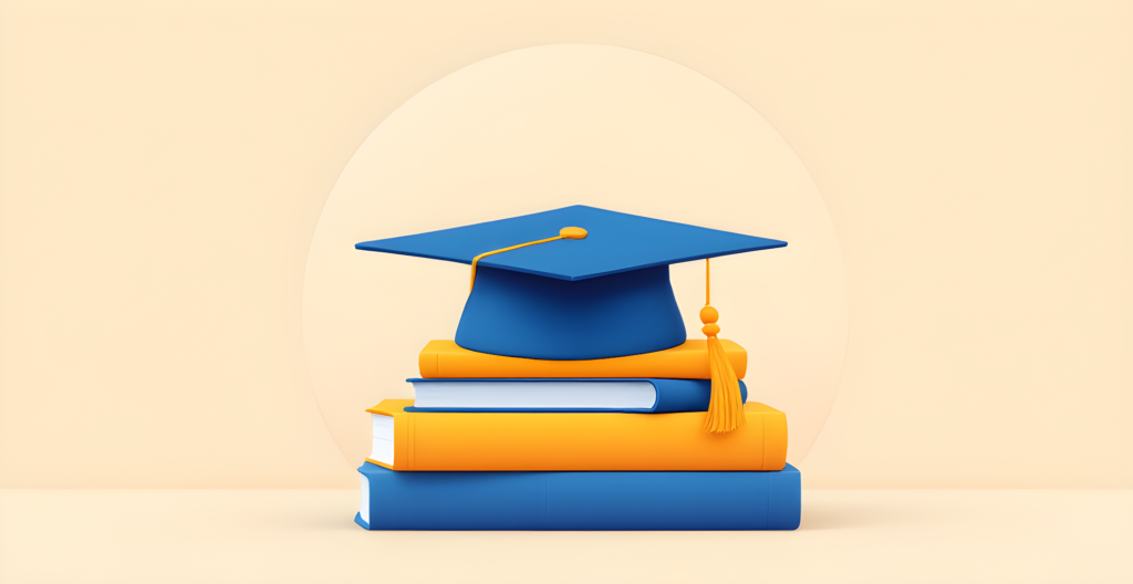 Flat illustration of a blue graduation mortarboard with a yellow tassel resting on a stack of blue and yellow books