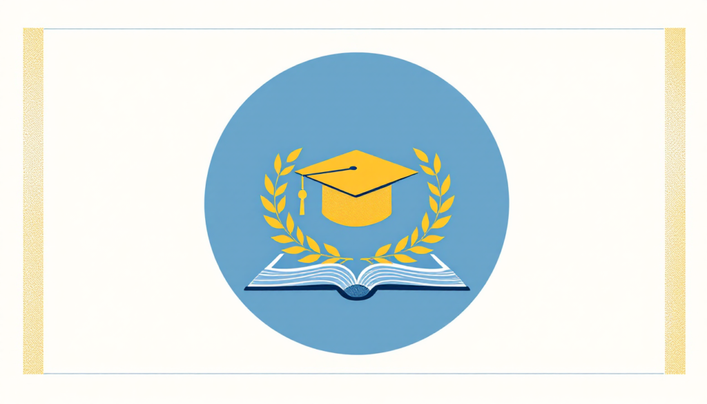 Edward Galle illustration, yellow and blue: centered blue circle with a gold graduation cap, laurel and open book, for the HBR training partnership.