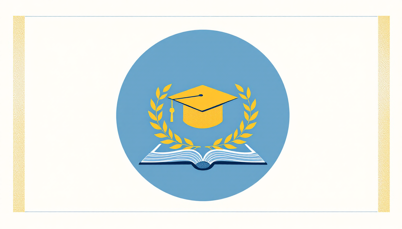 Edward Galle illustration, yellow and blue: centered blue circle with a gold graduation cap, laurel and open book, for the HBR training partnership.