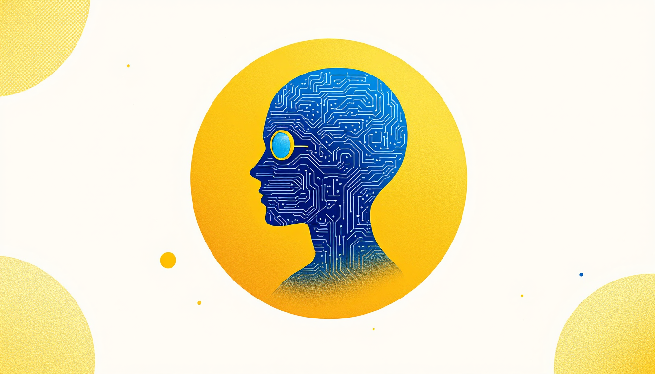 Edward Galle illustration, yellow and blue: centered yellow circle with a blue circuit-node head, for AI in hiring.