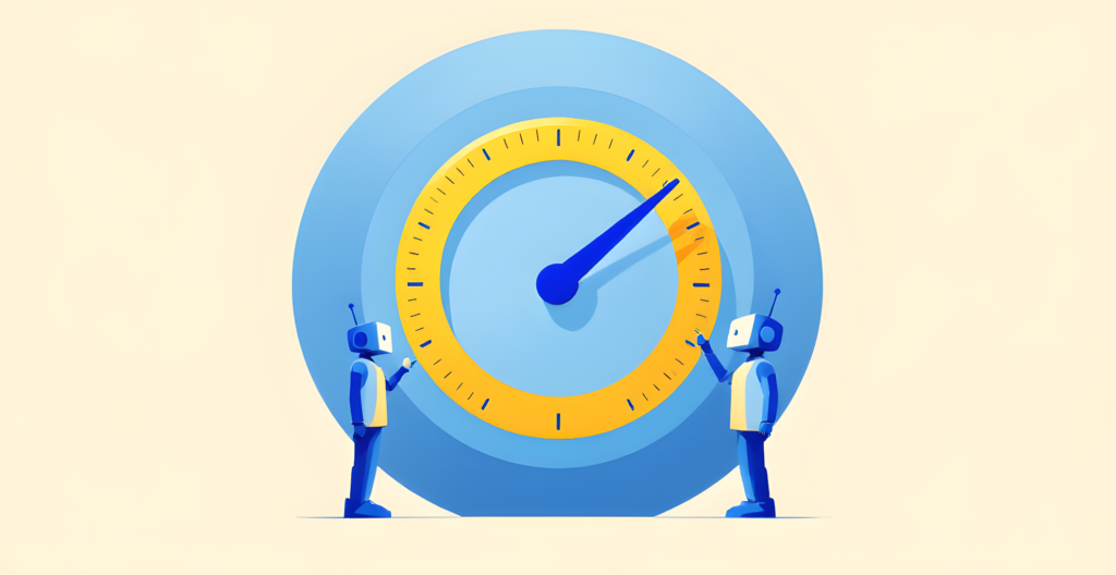 Flat illustration of a large round measuring dial with tick marks and a blue needle, flanked by two small blue robot figures