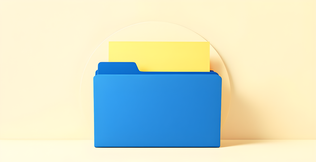 Flat illustration of a cobalt blue file folder holding golden yellow document sheets, centred on a cream background