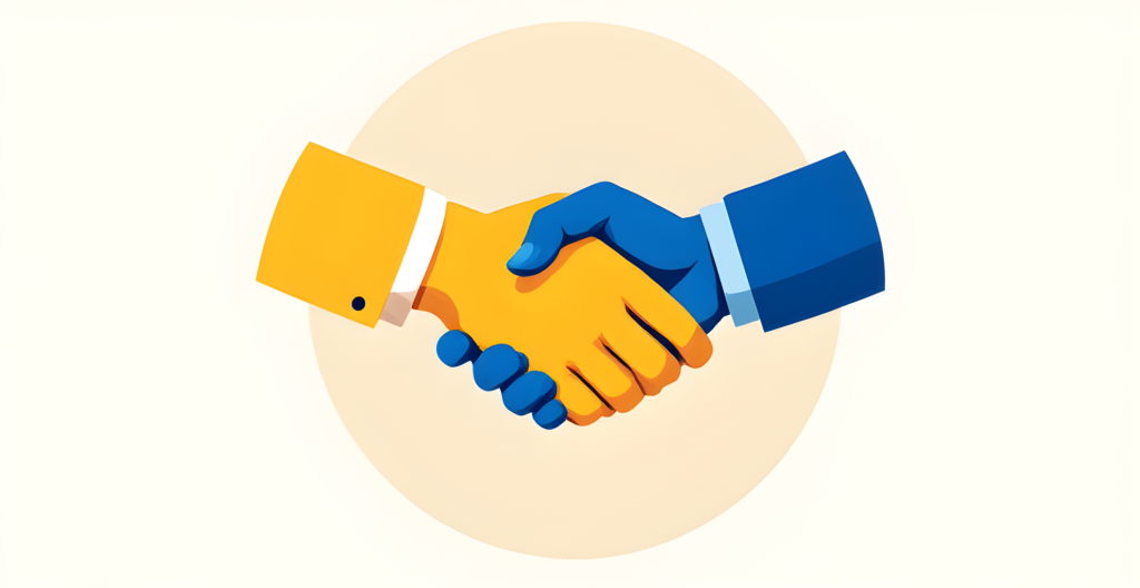 Flat editorial illustration of a handshake between a golden yellow hand and a cobalt blue hand on a cream background, representing negotiating a Swiss job offer