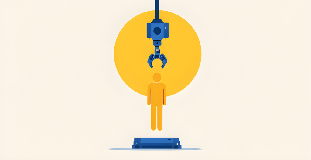Flat editorial illustration of a cobalt blue robotic claw lowering toward a single golden yellow human figure against a yellow circle on a cream background, representing AI in talent acquisition
