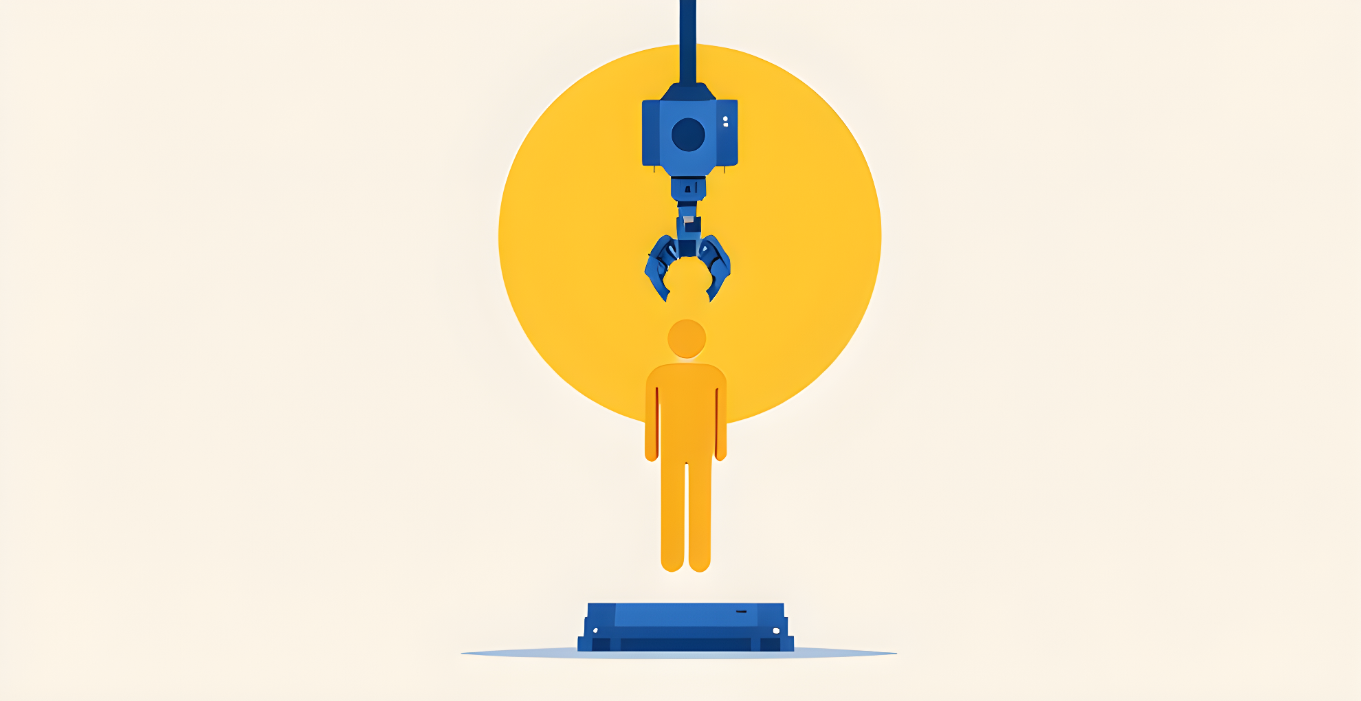 Flat editorial illustration of a cobalt blue robotic claw lowering toward a single golden yellow human figure against a yellow circle on a cream background, representing AI in talent acquisition