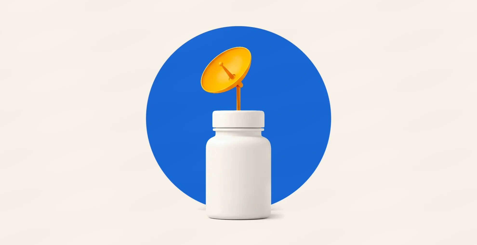 A cream pill bottle in front of a cobalt disc, with an amber listening dish rising from its cap on a single stem